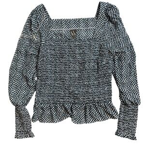 NWT Worthington Womens Blue Black  Dot Smocked Peplum Puff Sleeve Top Large